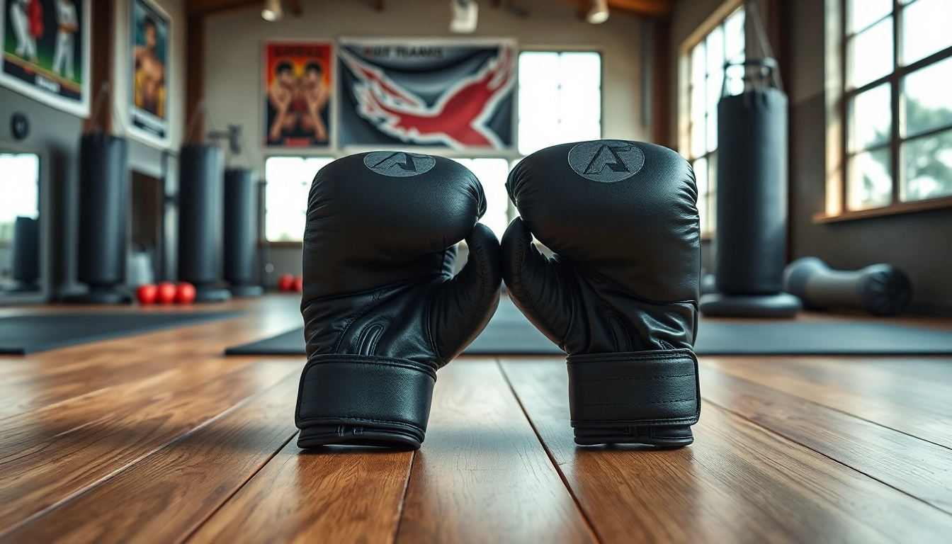 MMA gloves showcasing quality and durability auf einem hölzernen Trainingsboden in einem Fitnessstudio.