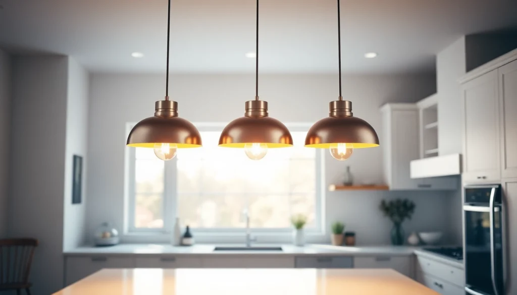 Experience warm ambiance with elegant island light fixtures enhancing a modern kitchen.