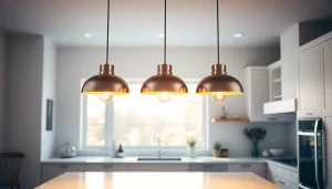Experience warm ambiance with elegant island light fixtures enhancing a modern kitchen.