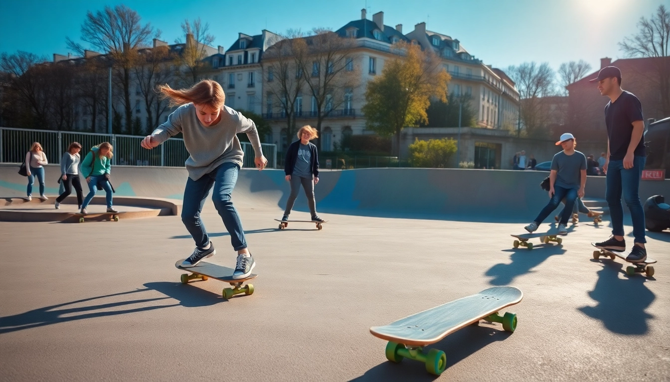 Des skateurs lors de cours de skateboard à Paris, apprenant des figures et des techniques.