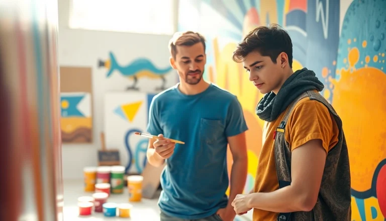 Engaging painting apprenticeship session showing an artist instructing a student on mural techniques.