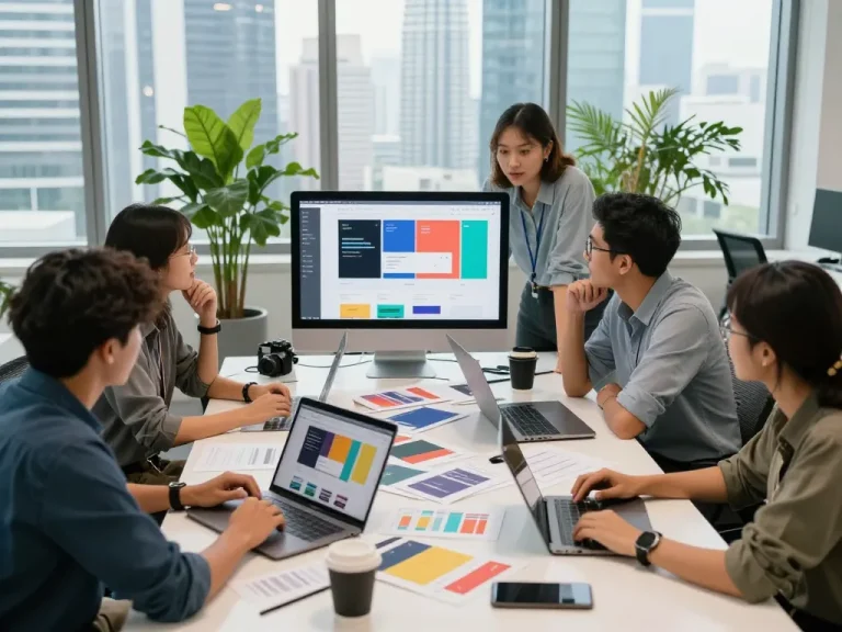 Team of freelance web designers in Kuala Lumpur collaborating on innovative website design solutions emphasizing website designer Malaysia expertise.