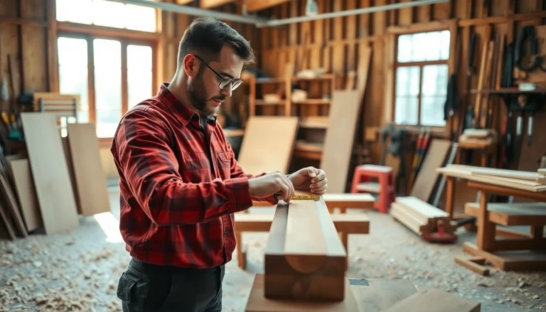 Carpentry apprenticeship in action, featuring a carpenter focused on measuring wood in a bright workshop.