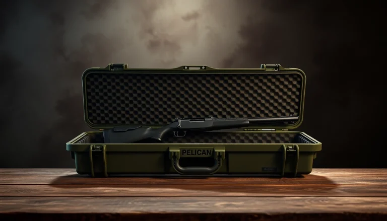 Showcase of pelican rifle case open to reveal a rifle, highlighting protection and quality.