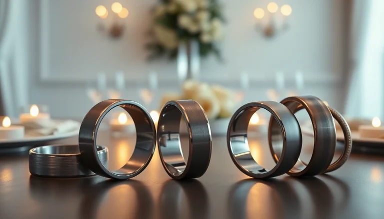 Explore tungsten wedding bands featuring unique finishes in a sophisticated display.