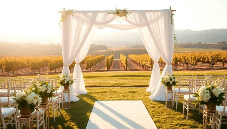 Cascading white drapes at a stunning wedding venue California, surrounded by lush greenery and floral arrangements.