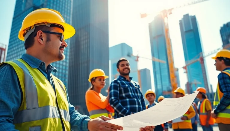 Manhattan Commercial General Contractor guiding a team at a bustling construction site in New York City.