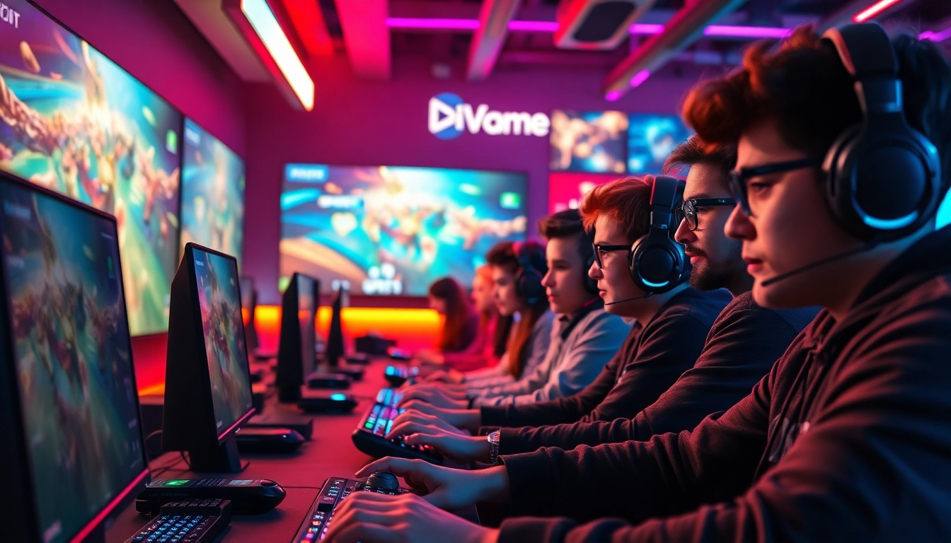 Engaged gamers playing Vislio Game in a thrilling, colorful gaming lounge.