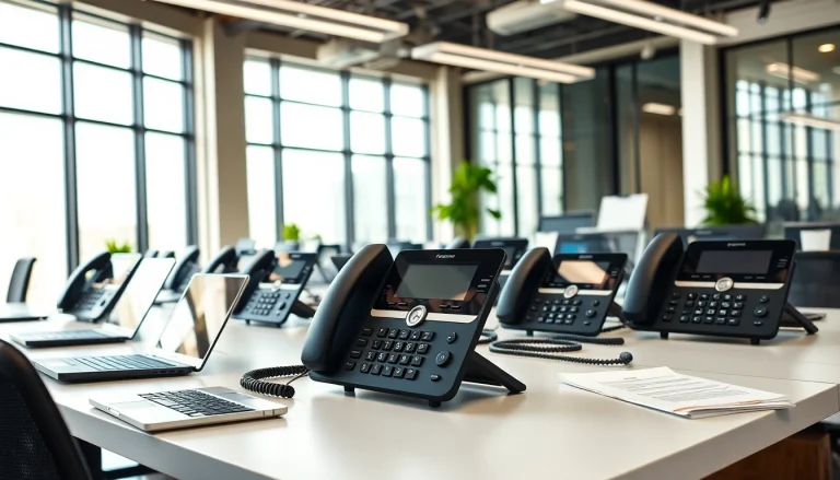 Showcasing modern office phone systems in a sleek corporate environment.