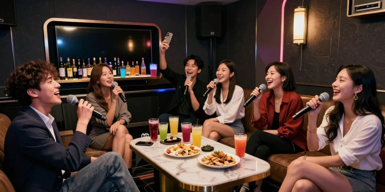 강남 가라오케에서 친구들과 함께 노래를 부르며 즐거운 시간을 보내는 모습.