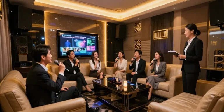 프리미엄 강남 노래방의 고급스러운 개인 공간에서 강남쩜오 문화를 체험하는 비즈니스 고객의 모습