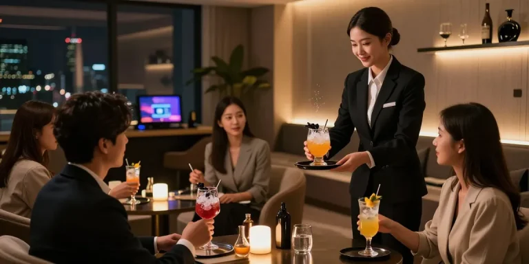 강남쩜오의 고급스러운 룸살롱 환경과 전문적인 접객 모습
