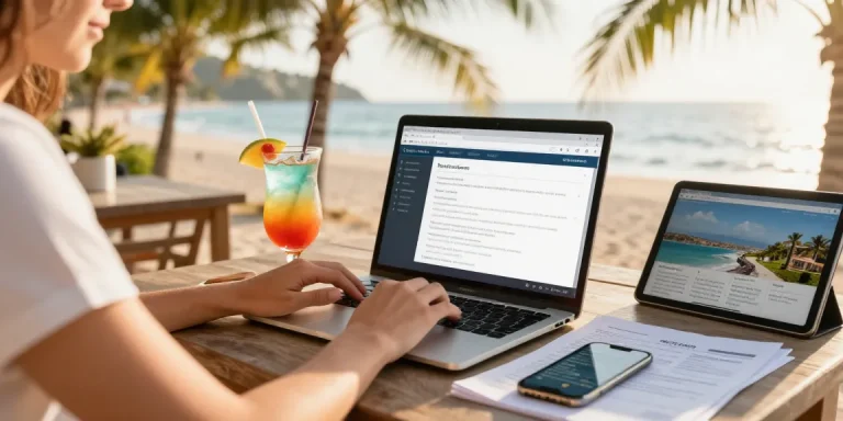 Engaged traveler utilizing travel crm software in a scenic beach setting, optimizing trip management.