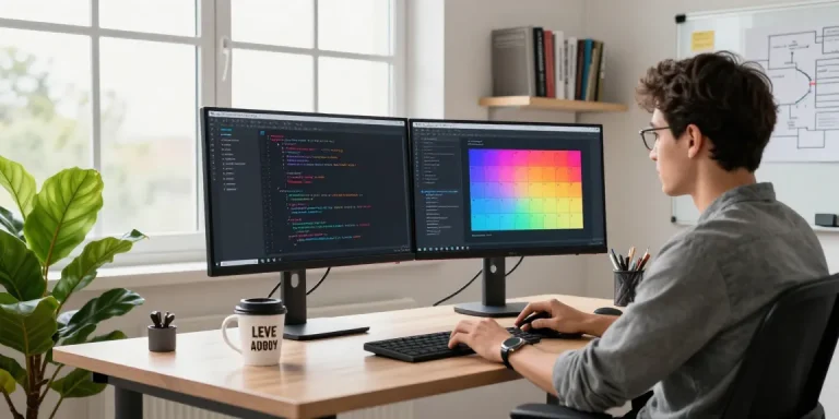 Developer integrating GitHub Copilot in Nepal in a modern workspace with dual monitors and coding supplies.