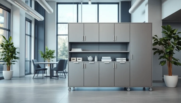 Organized steel cabinet displaying neat storage solutions in a modern office.