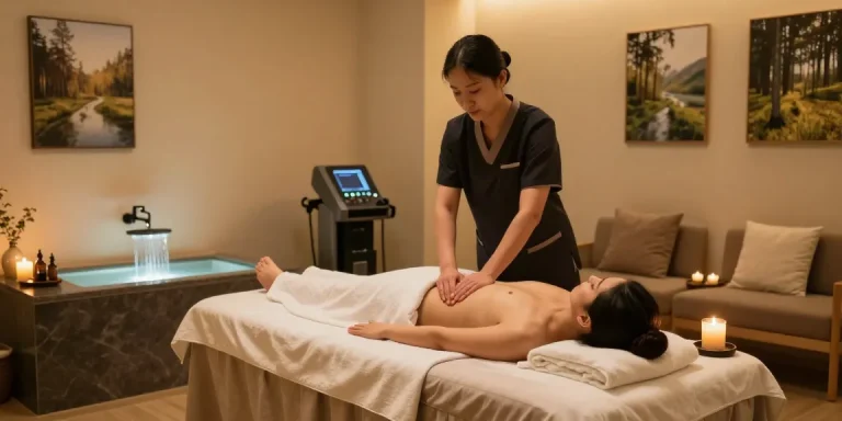 1인샵의 편안한 마사지 공간에서 마사지 받는 모습과 아늑한 분위기