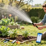 Gardener using a rainpoint sprinkler timer in a vibrant garden setting.