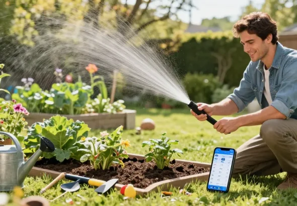 Gardener using a rainpoint sprinkler timer in a vibrant garden setting.