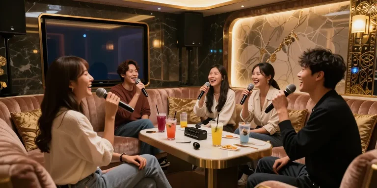 강남가라오케에서 즐기는 고급 프라이빗 노래방 룸, 친구들이 웃고 노래하고 있는 모습과 함께 풍부한 음향 시스템이 조화를 이루는 분위기