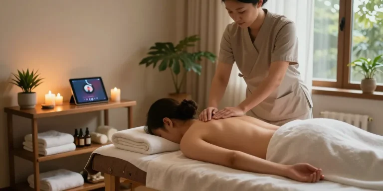 마사지 테라피룸에서의 편안한 마사지 순간, 아로마 오일과 촉촉한 수건이 준비된 마사지 테이블과 함께.