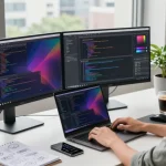 Efficient software development workspace showcasing 截图软件下载 tools and vibrant coding interfaces amidst a modern urban backdrop.