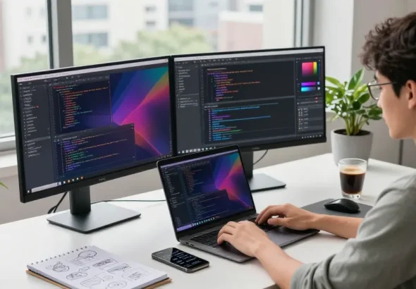 Efficient software development workspace showcasing 截图软件下载 tools and vibrant coding interfaces amidst a modern urban backdrop.