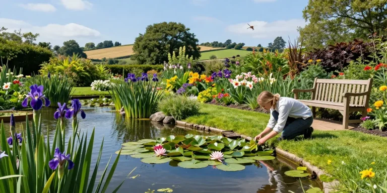 Explore British Pond Plants flourishing in a tranquil garden scene with a gardener tending to vibrant water lilies and lush greenery.